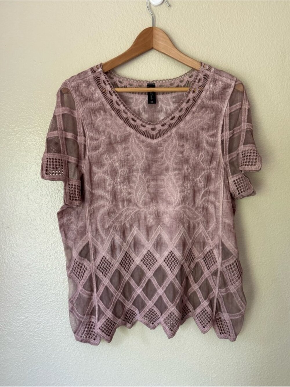 Sacred Threads Dusty Rose Crochet Lattice Short Sleeve Top